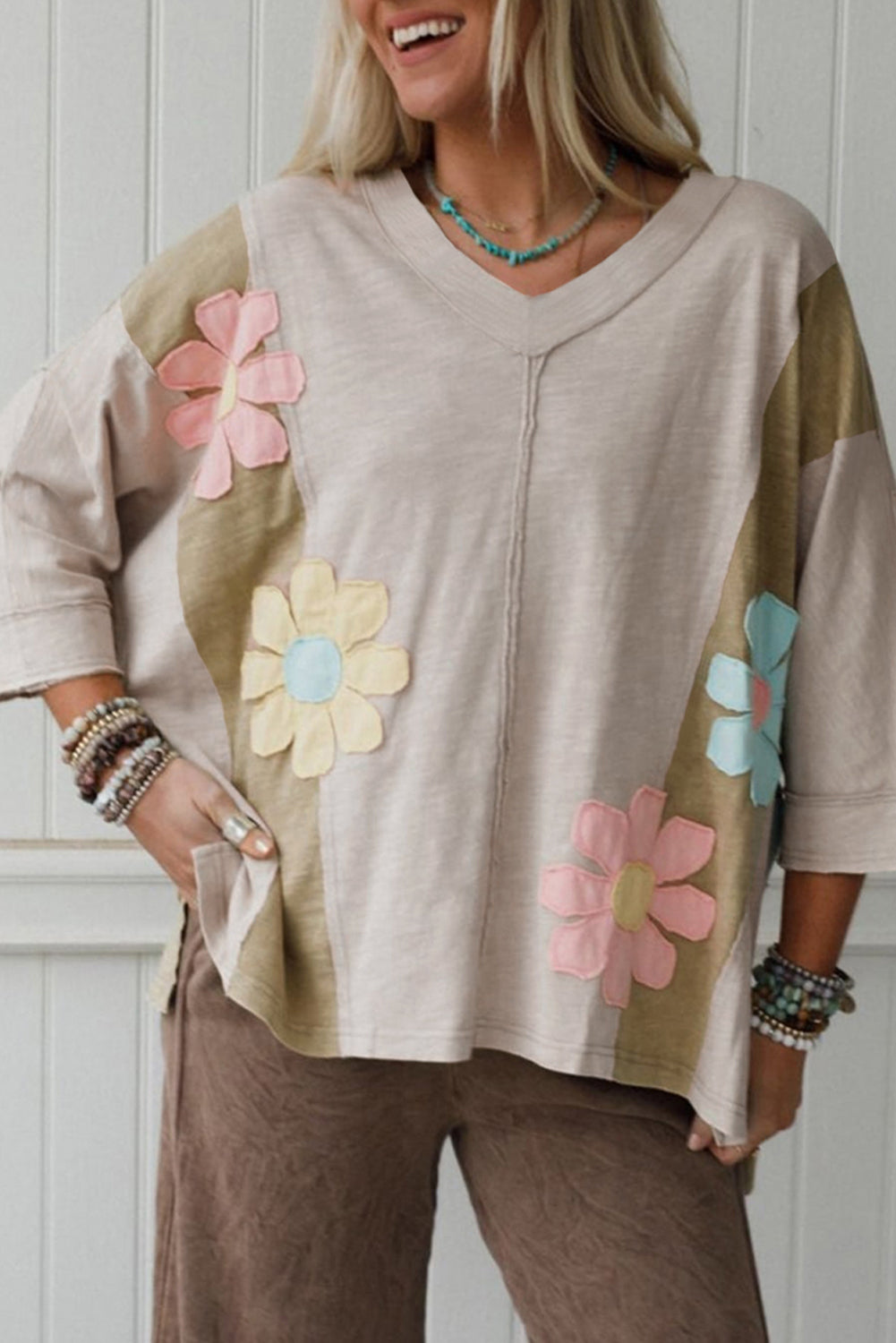 Green Flower Patched Exposed Seam 3/4 Sleeve top
