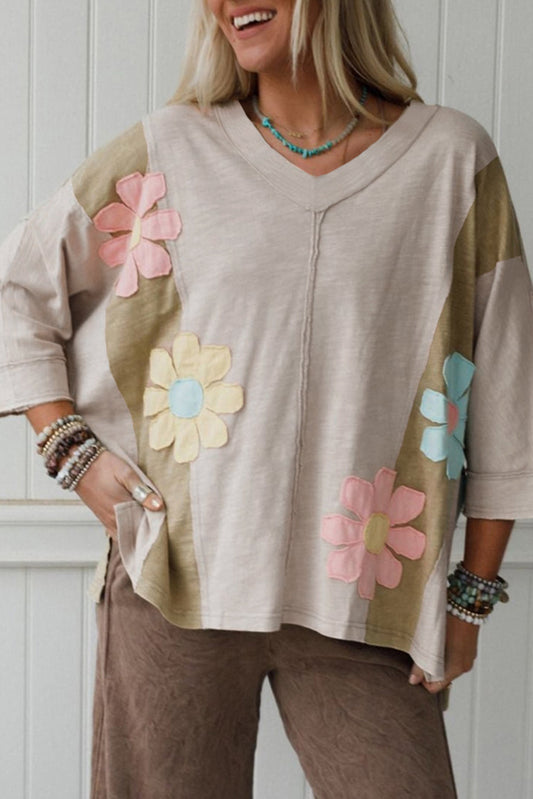 Green Flower Patched Exposed Seam 3/4 Sleeve top