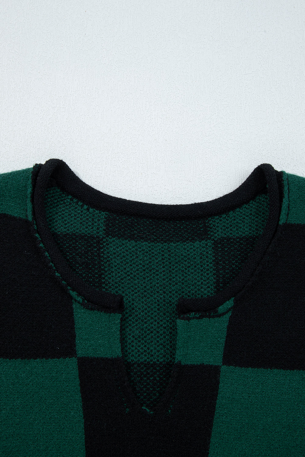 Black Checked Notched Neckline Drop Shoulder Knit Sweater