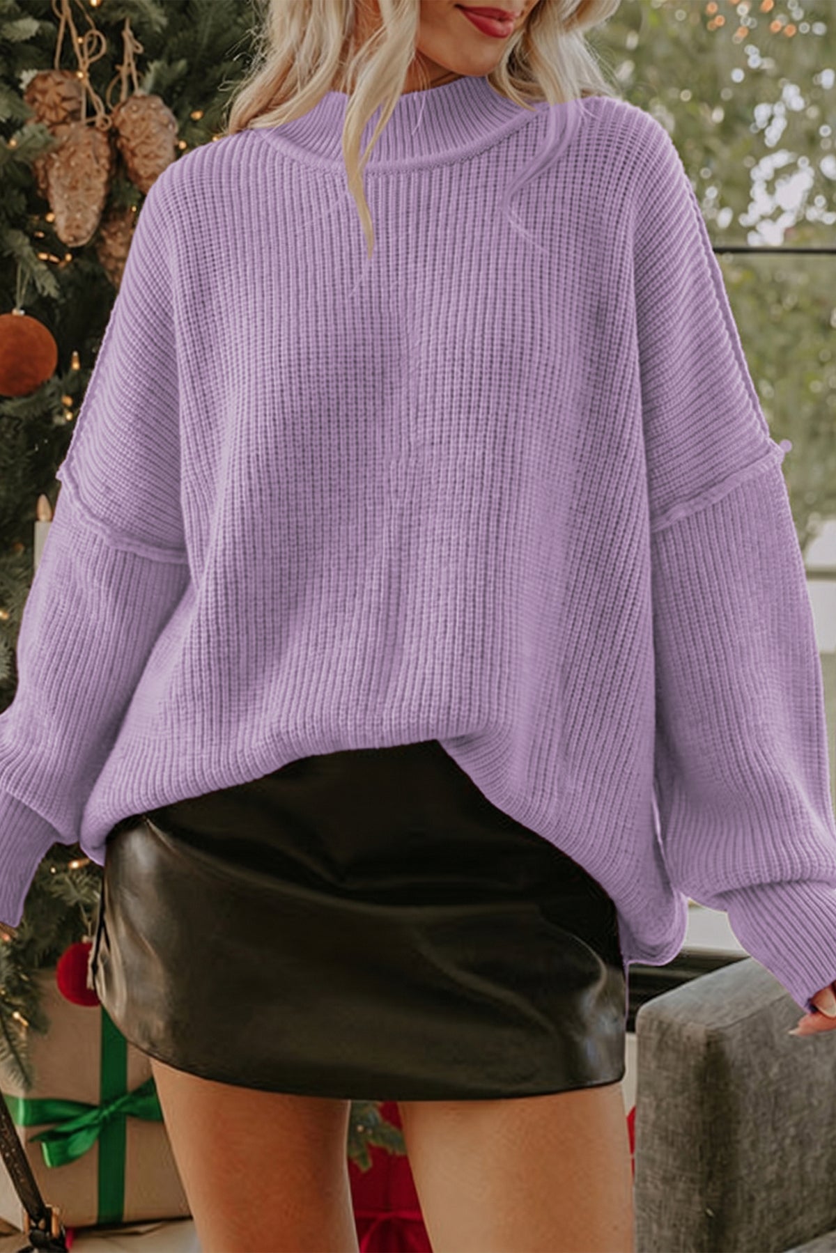 Red Dahlia Long Sleeve Ribbed Knit Stand Neck Regular Fit Sweater