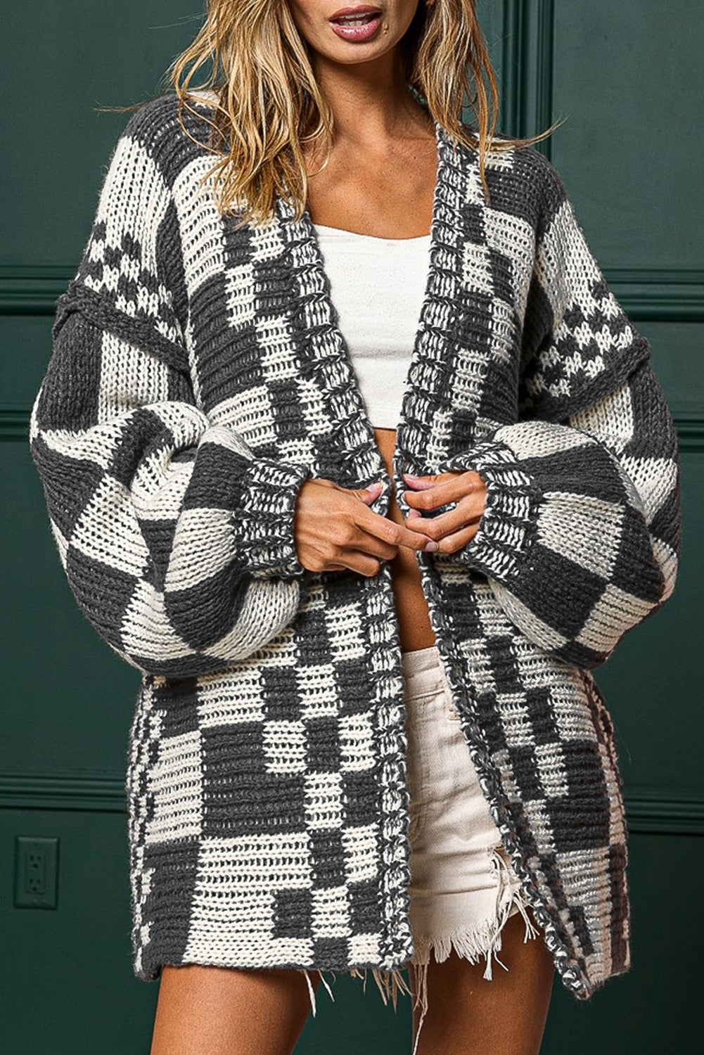 Smoke Gray Colorblock Checked Open Front Knitted Cardigan