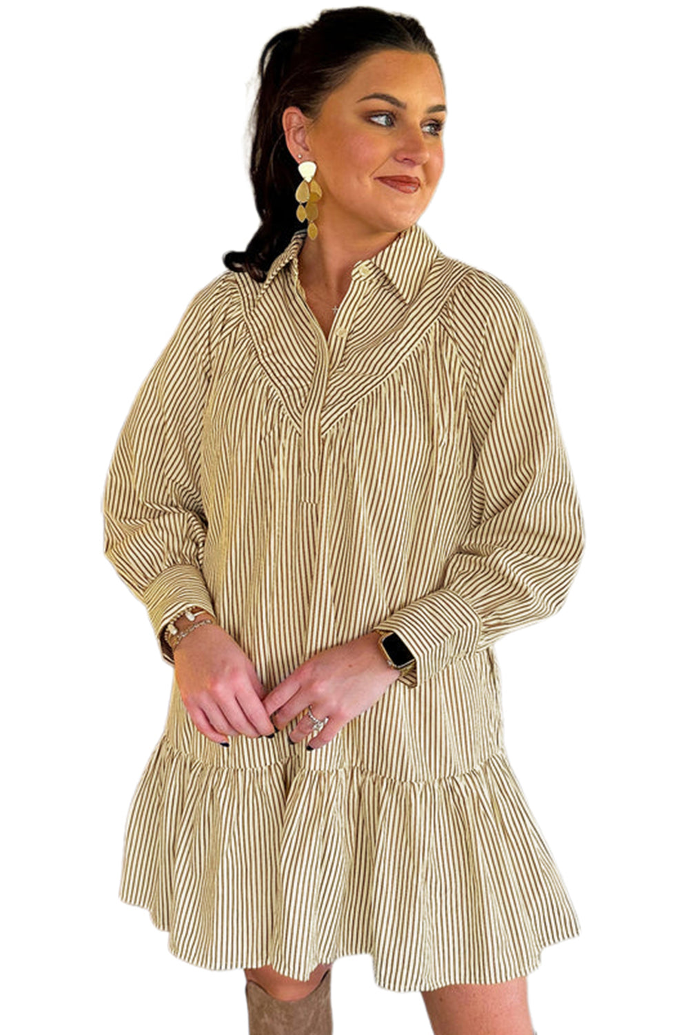 Brown Striped Shirt Collar Ruffle Hem Long Sleeve Dress
