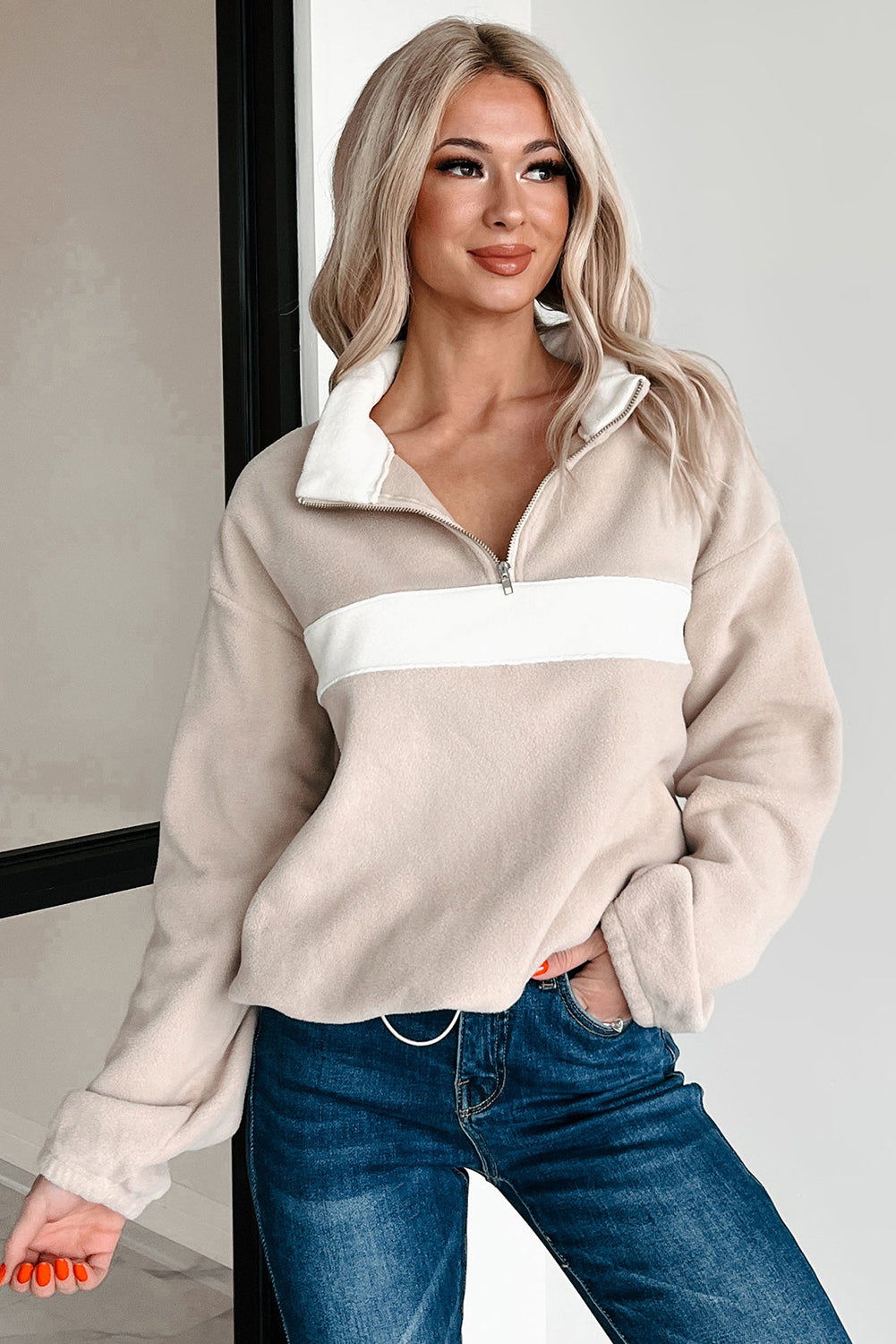 Parchment Fleece Colorblock Patchwork Zipped Collar Pullover Sweatshirt