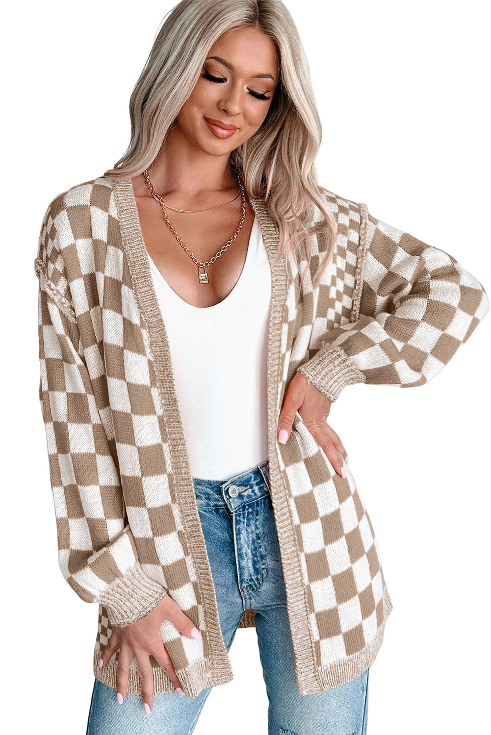 Brown Checkered Open Front Drop Shoulder Cardigan