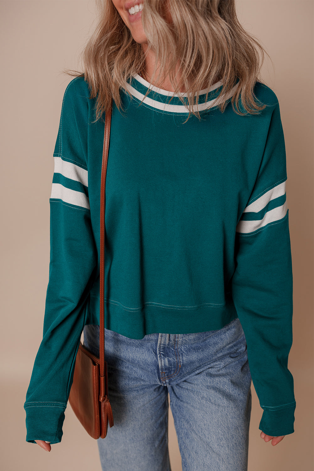 Blackish Green Contrast Striped Patchwork Drop Shoulder Sweatshirt