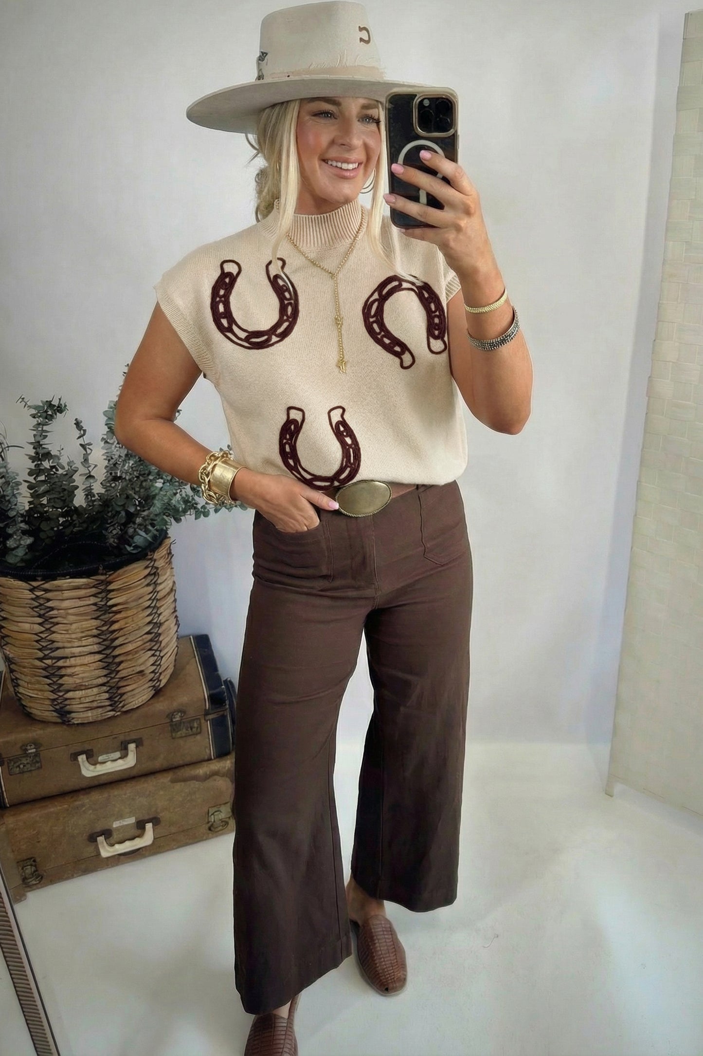 Bright Corded Horseshoes Ribbed Trim Mock Neck Short Sleeve Sweater