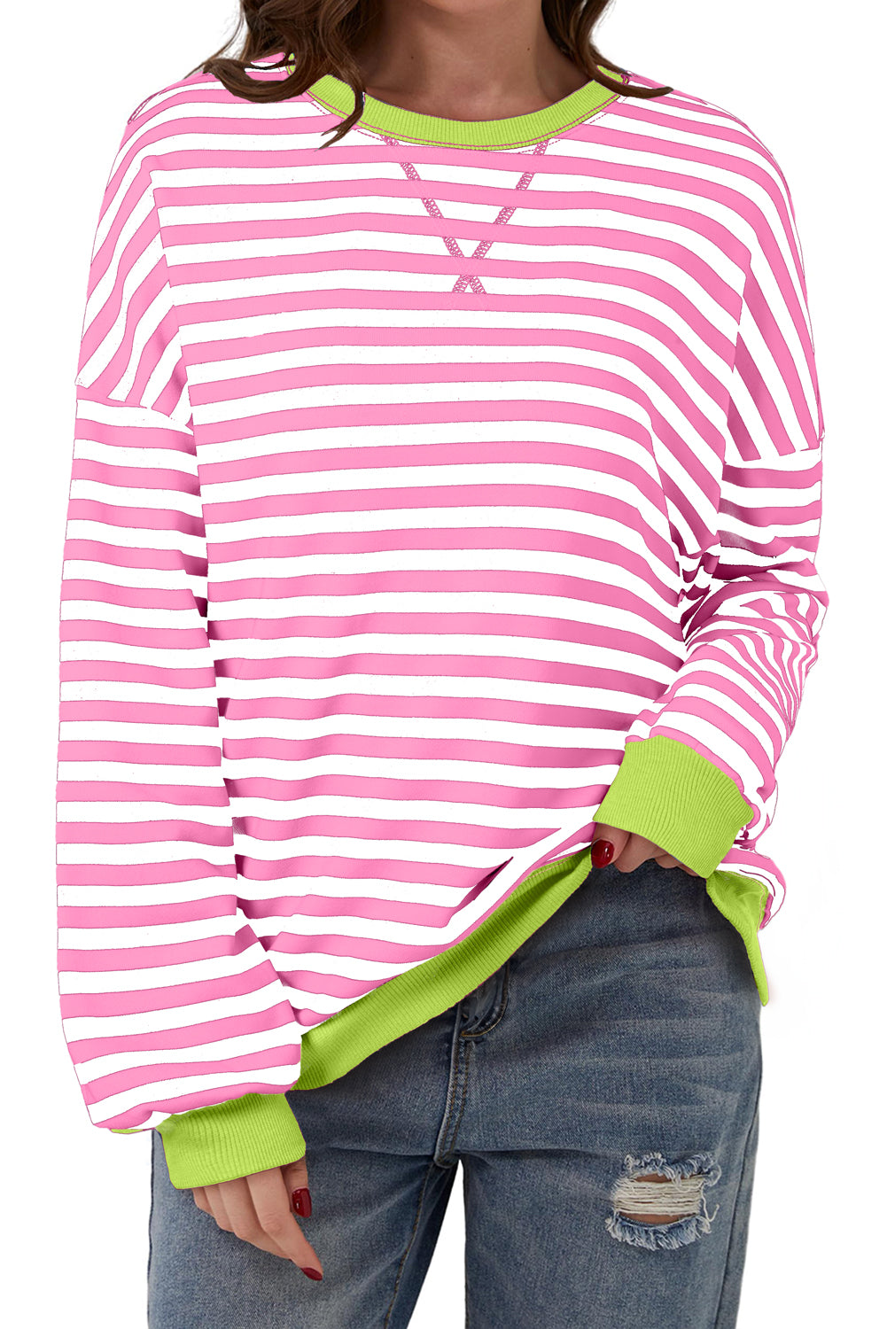 Sky Blue Striped Contrast Trim Drop Shoulder Sweatshirt