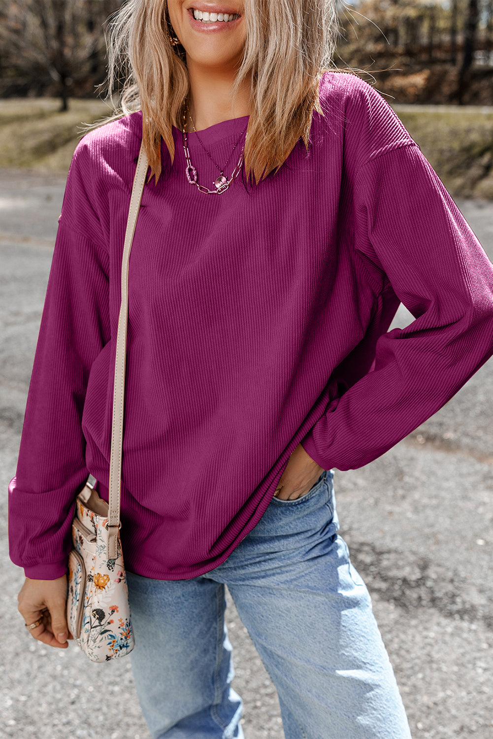 Light Pink Plain Drop Sleeve Crinkle Rib Oversized Sweatshirt
