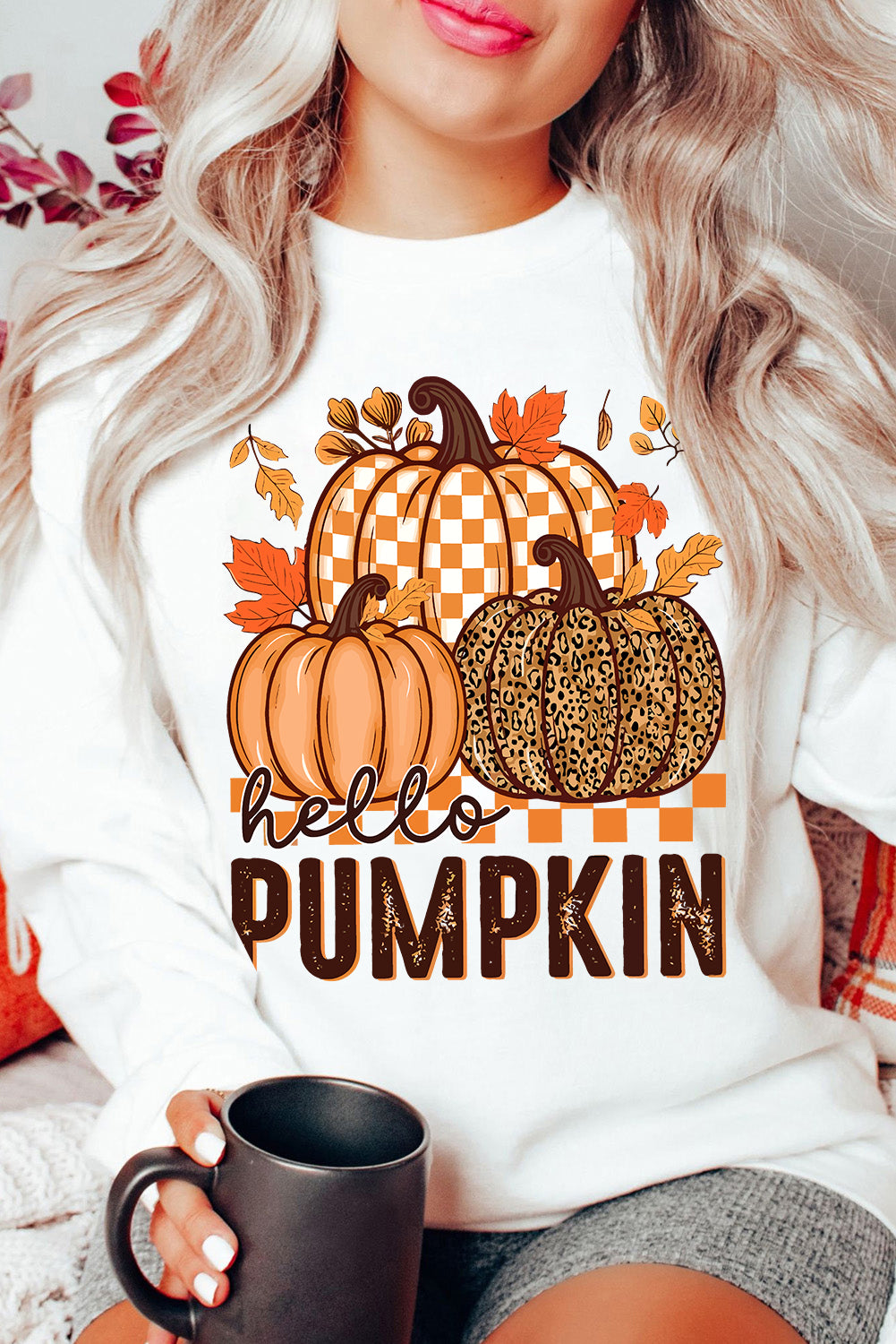 White Hello Pumpkin Thanksgiving Graphic Sweatshirt