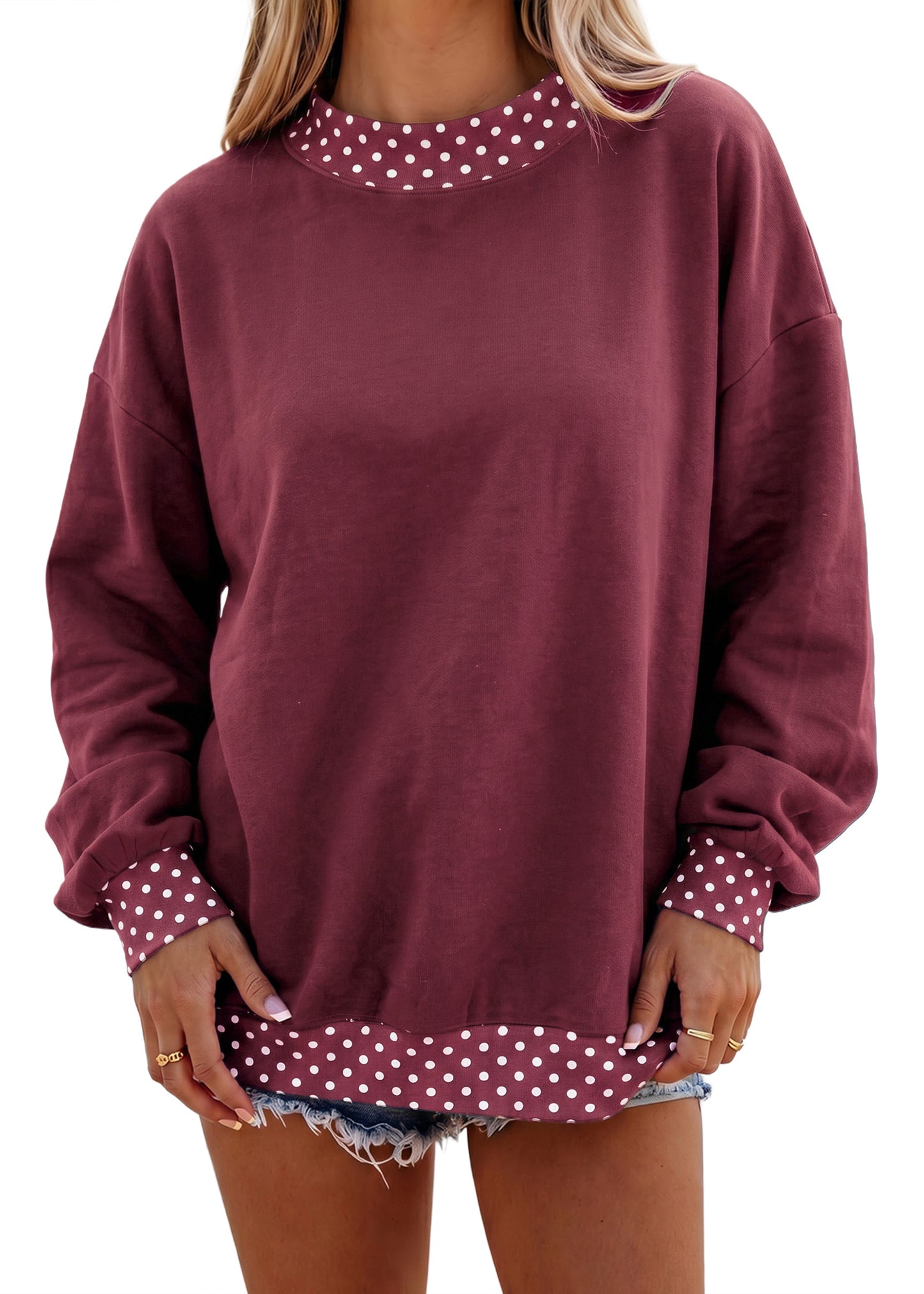 Racing Red Colorblock Polka Dot Contrast Trim Oversized Sweatshirt
