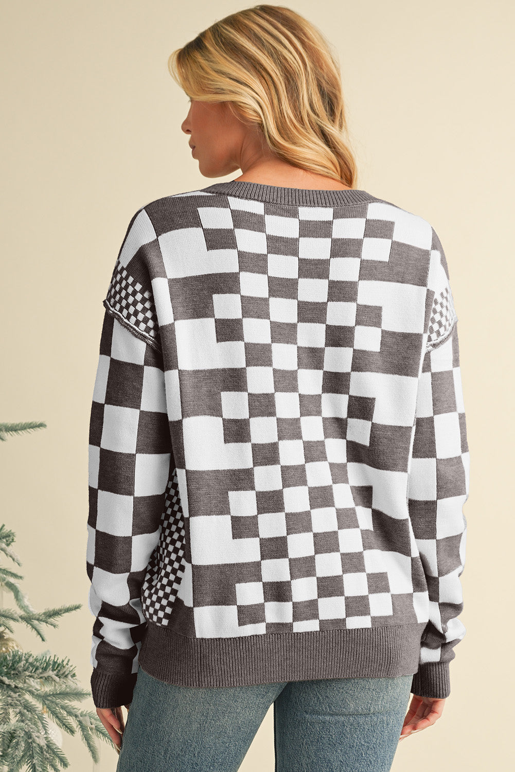 Brown Checkered Drop Shoulder Round Neck Sweater