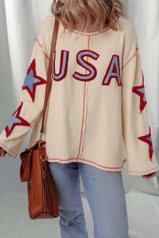 Beige USA Star Patchwork Exposed Seam Long Sleeve Top