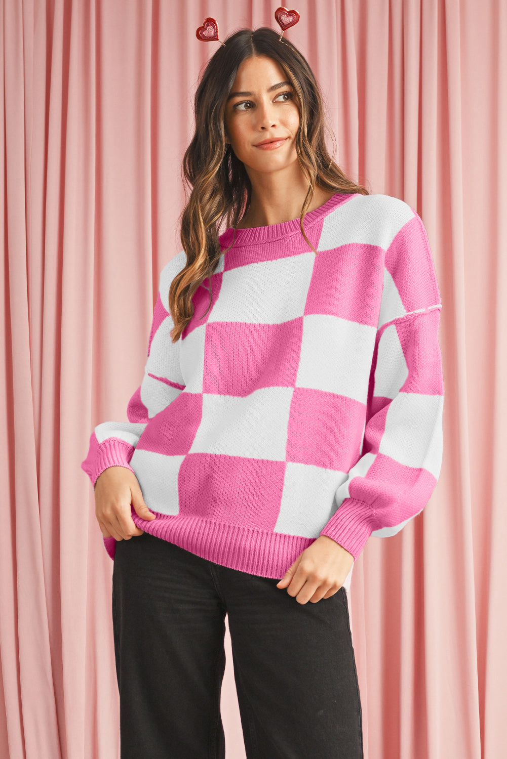 Pink Checked Bishop Sleeve Pullover Sweater