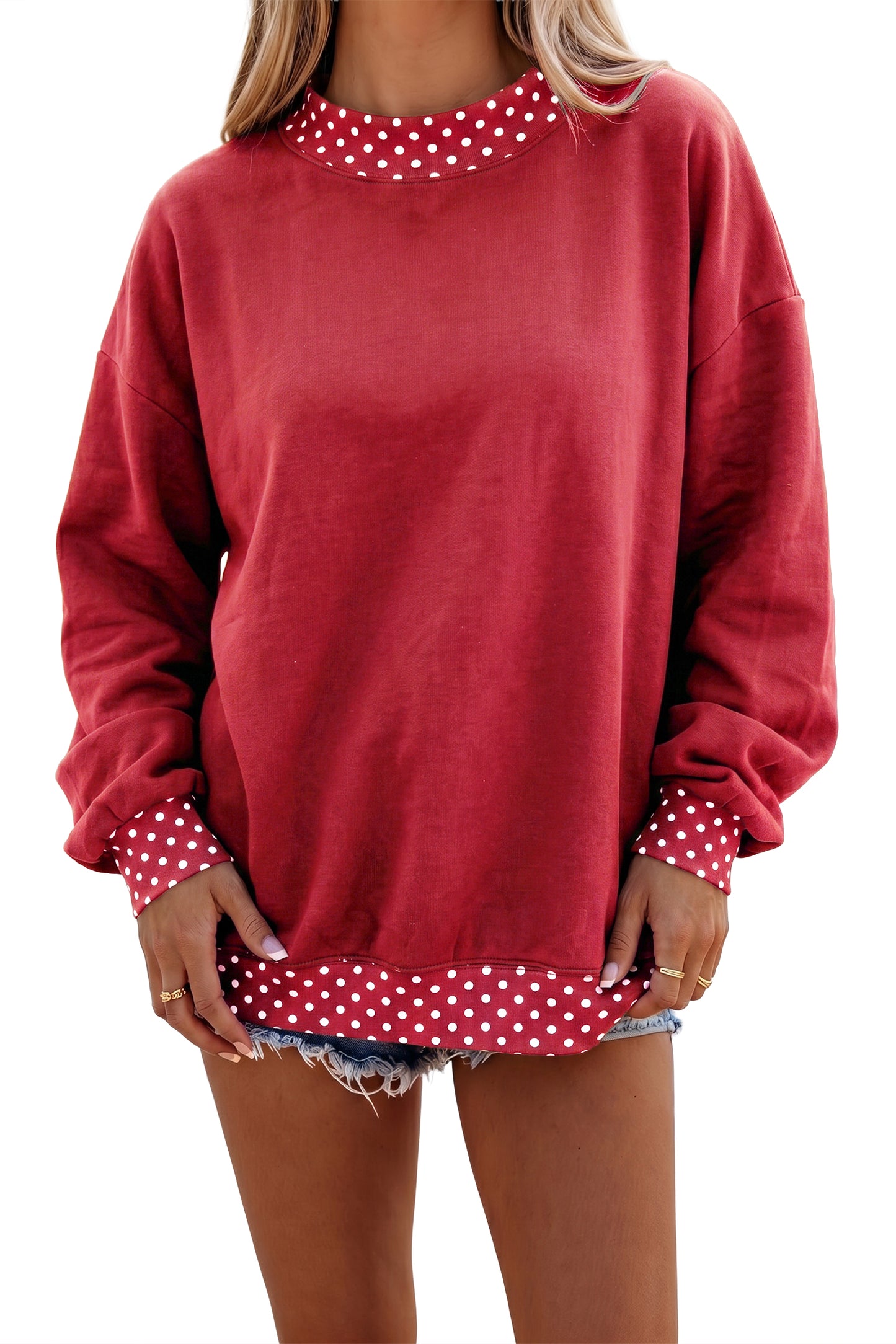 Racing Red Colorblock Polka Dot Contrast Trim Oversized Sweatshirt