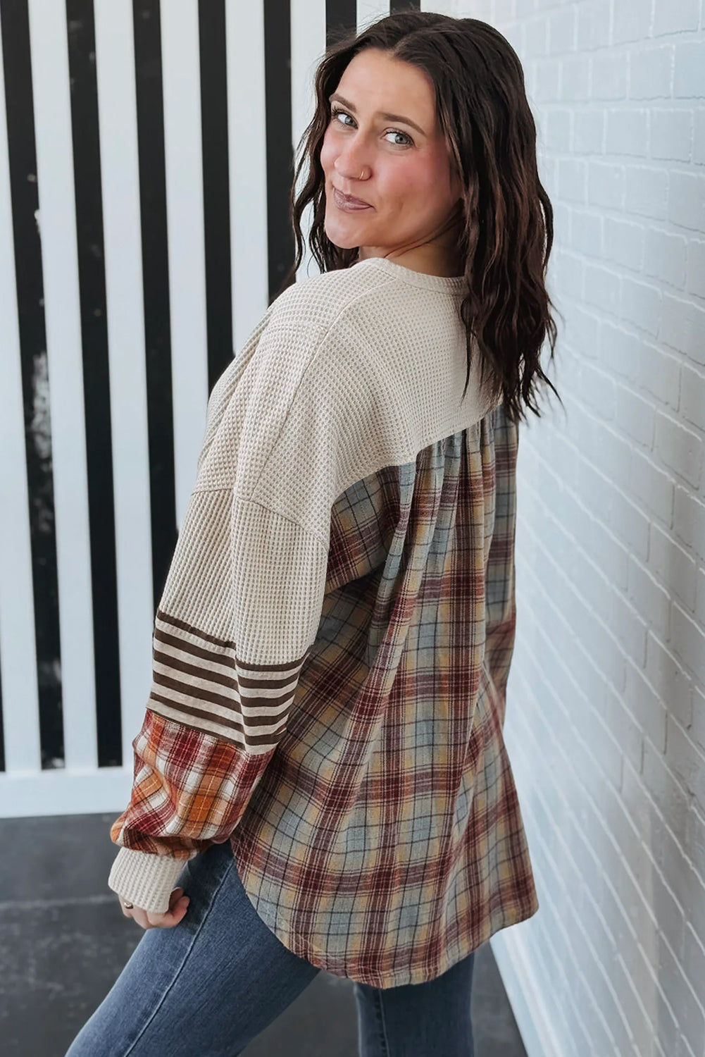Parchment Plus Size Waffle Striped Plaid Patchwork Henley Pullover