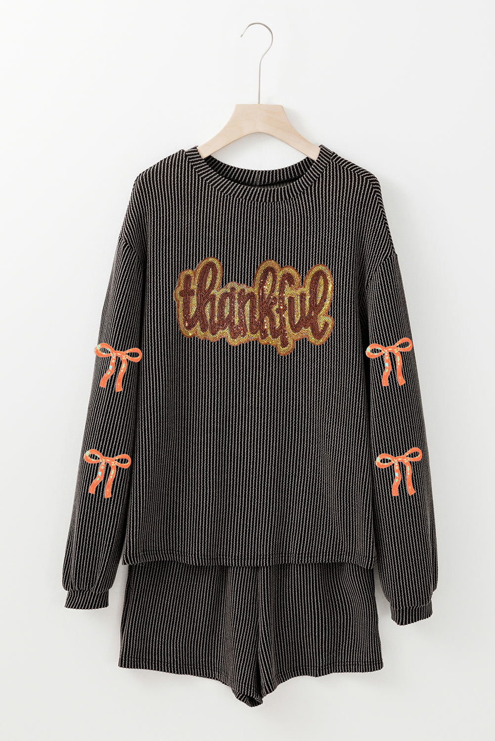 Thankful Letter Sequins Patch Bow Sleeve Top and Shorts Set