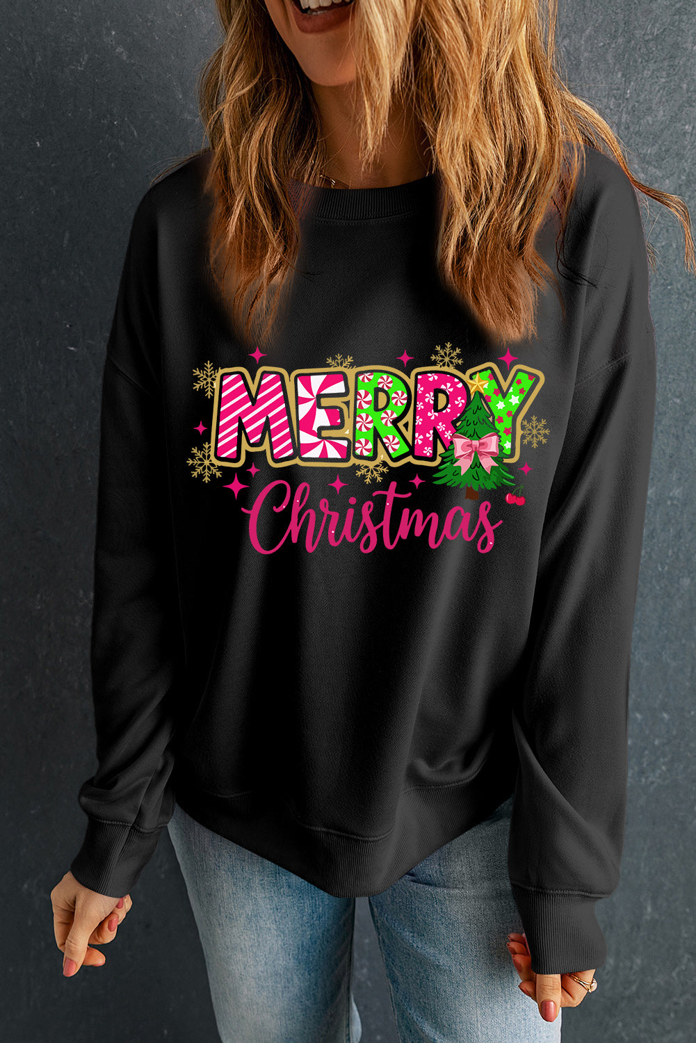 Black MERRY Christmas Letter Heat Transfer Printing Drop Shoulder Sweatshirt
