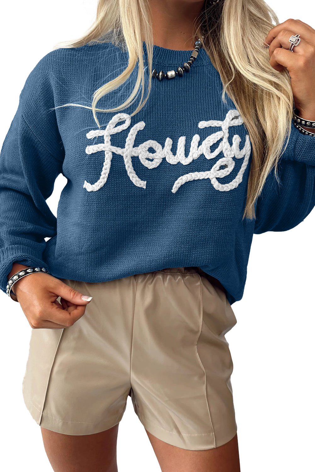 Dusk Blue Howdy Embroidered Graphic Sweater