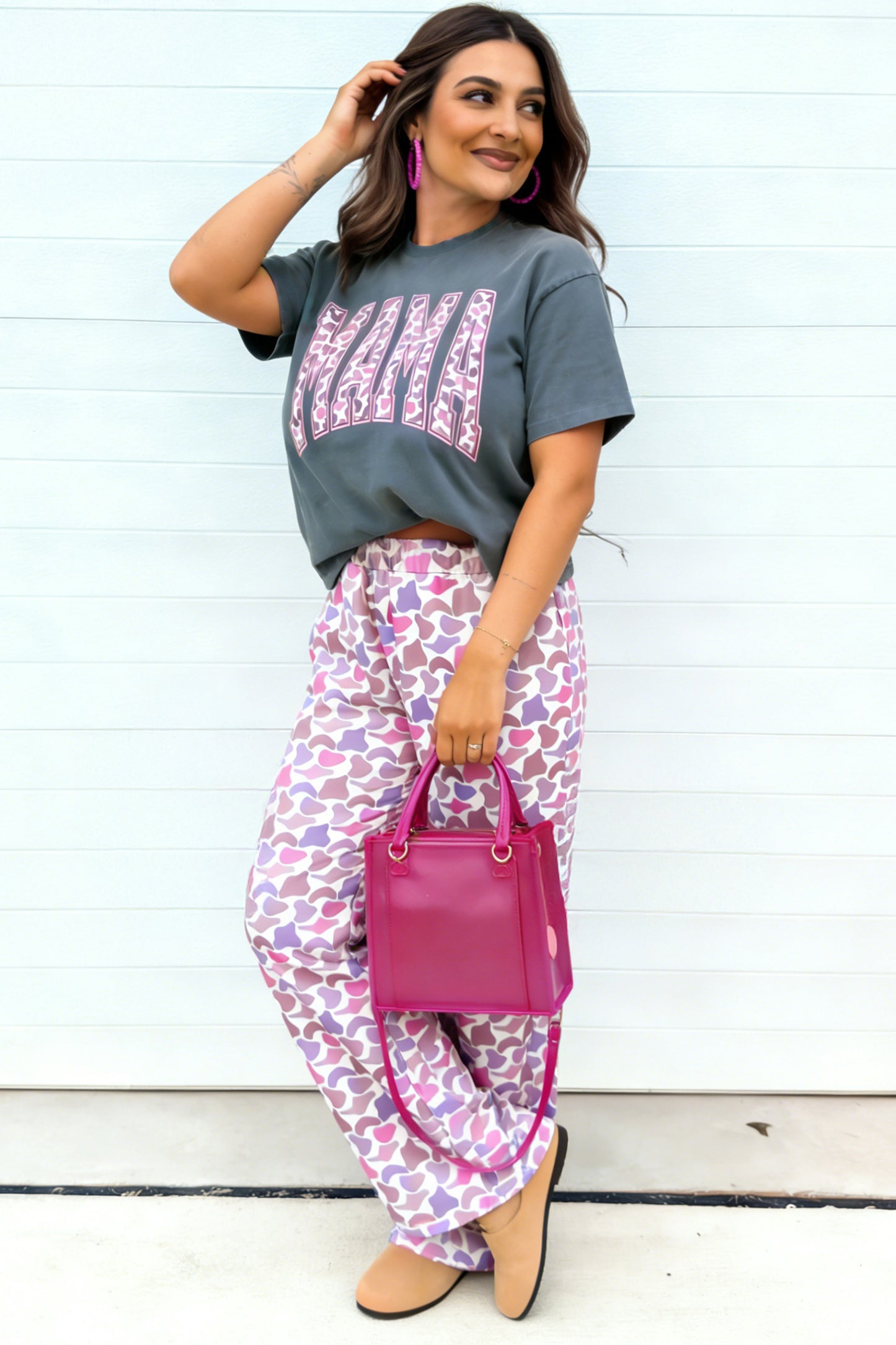 Grey MAMA Letter Graphic Tee Camouflage Print Loose Pant Set