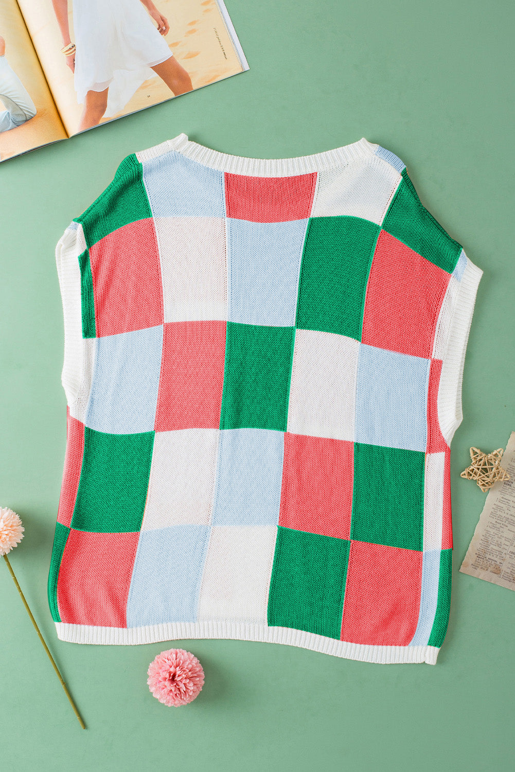 Fiery Red Checkered Color Block Cap Sleeve Knitted Top