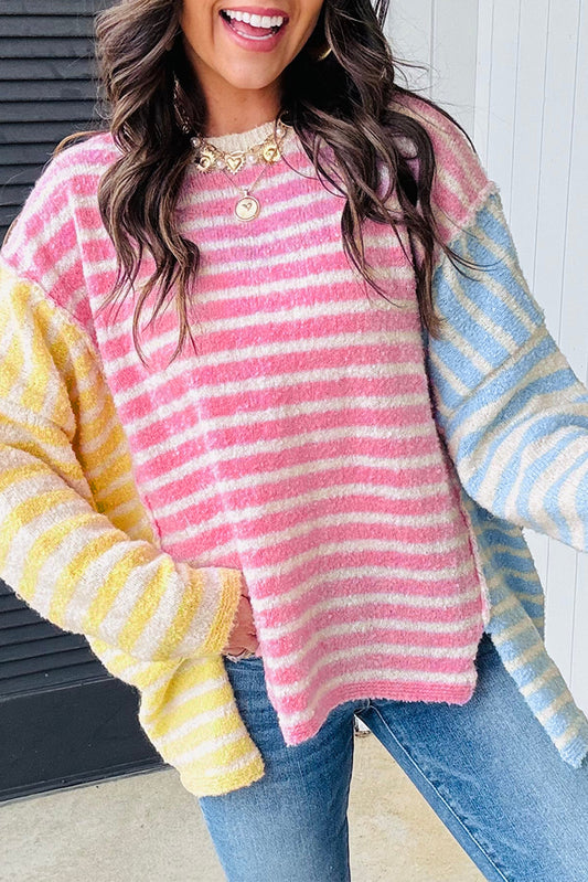 Multicolour Colorblock Striped Patchwork Dolman Sleeve Slit Sweater