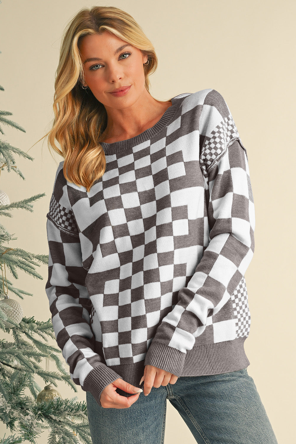 Brown Checkered Drop Shoulder Round Neck Sweater