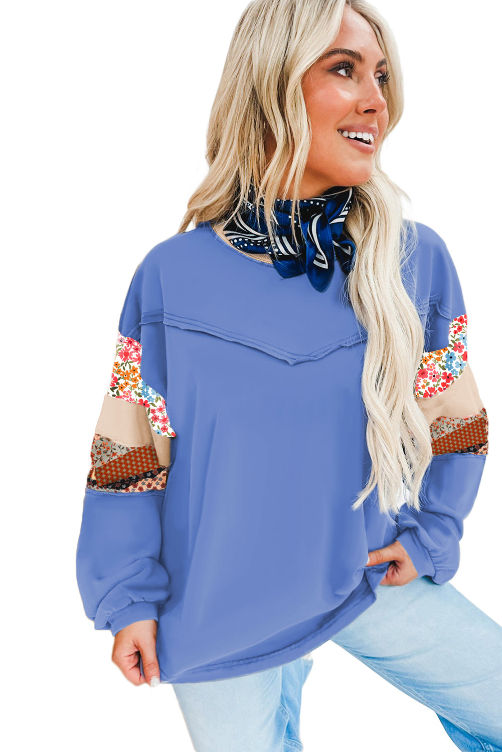 Blue Exposed Seam Floral Mixed Patchwork Plus Size Top