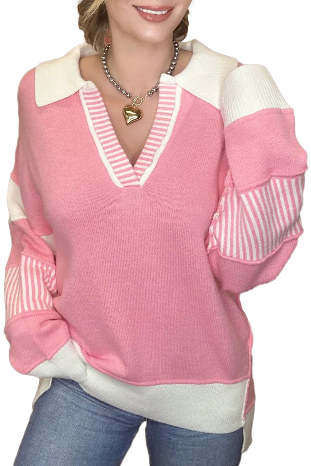 Pink Striped V Neck Collared Colorblock Patchwork Sweater
