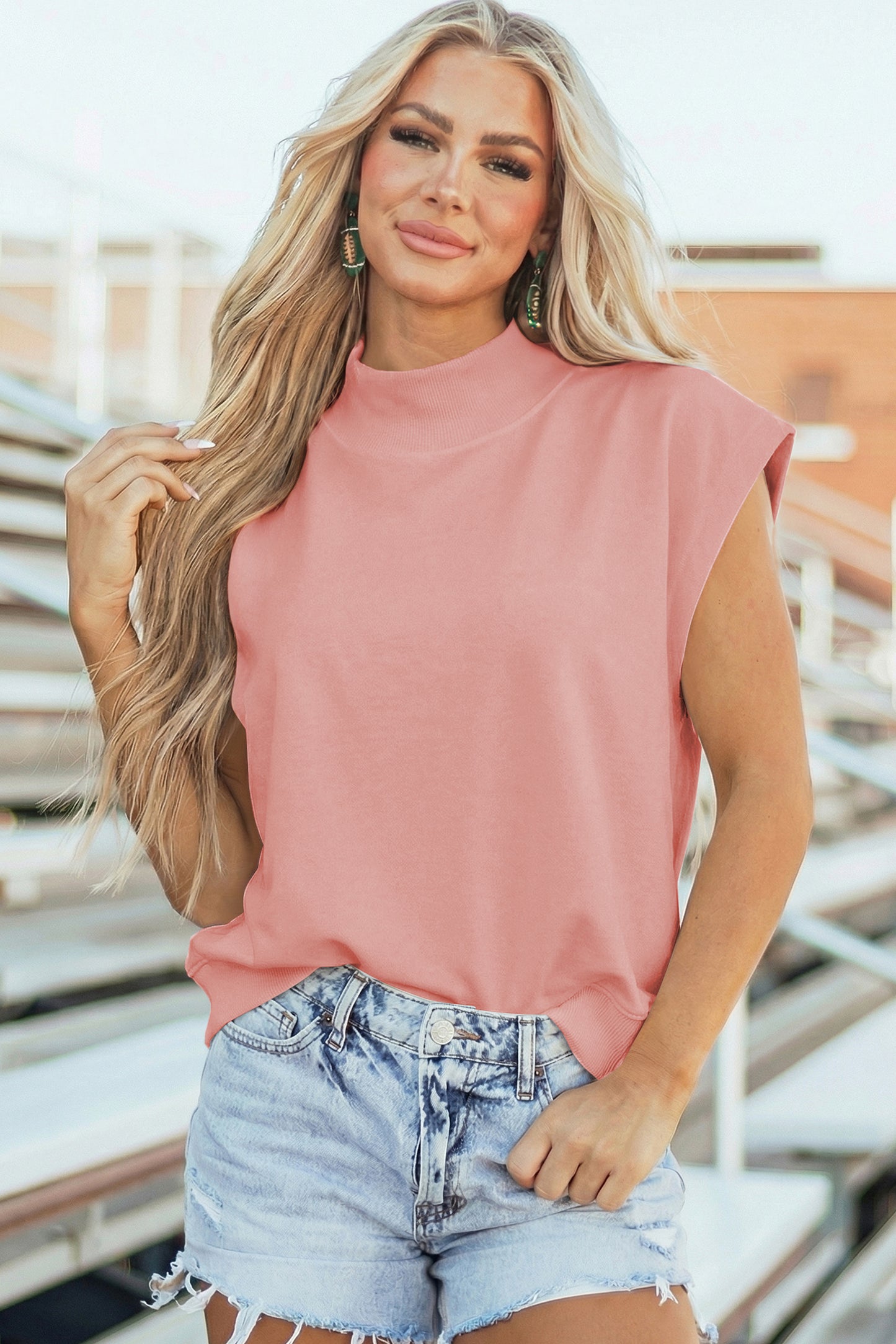 Black Solid Color High Neck Cap Sleeve Loose Top