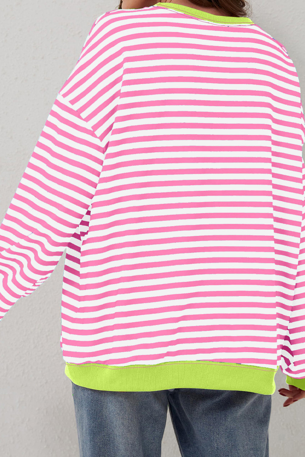 Sky Blue Striped Contrast Trim Drop Shoulder Sweatshirt