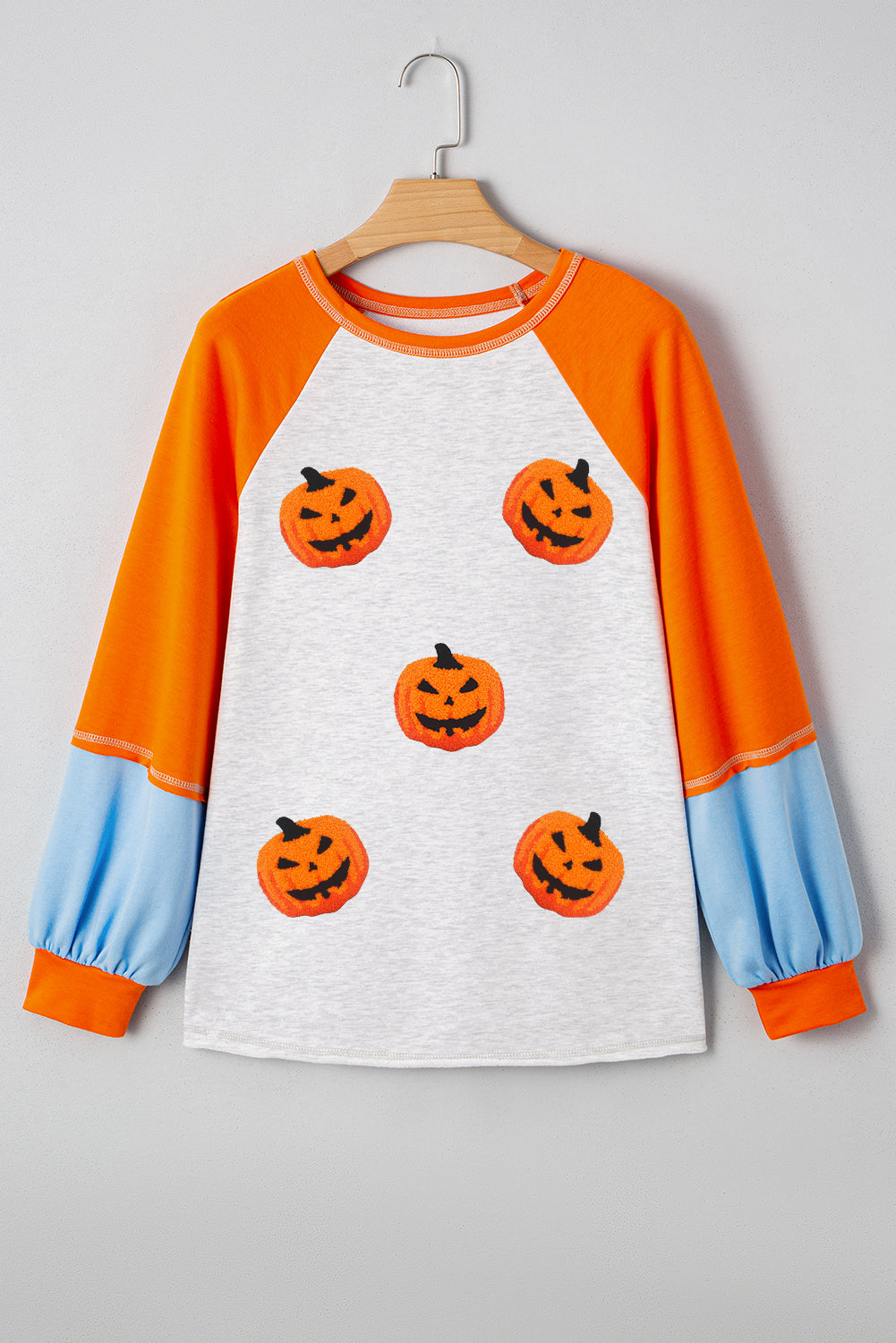 Light Grey Chenille Halloween Pumpkin Patched Patchwork Long Sleeve Top