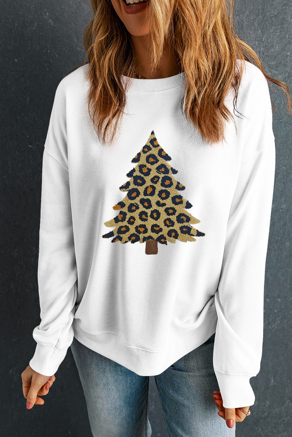 White Leopard Christmas Tree Terry Flocking Round Neck Sweatshirt