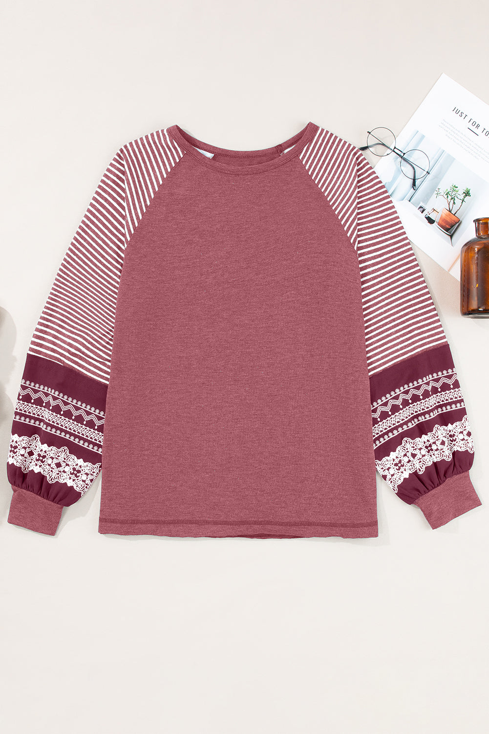 Brown Contrast Print Striped Raglan Long Sleeve Loose Top