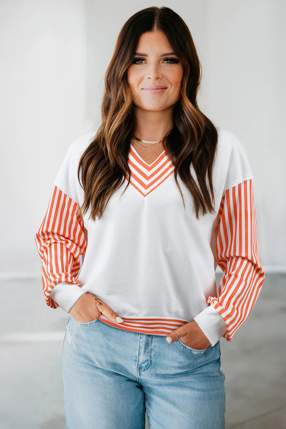 Orange Striped Patchwork Drop Sleeve Pullover Top