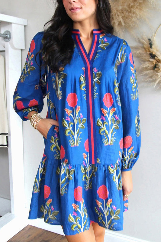 Sky Blue Floral Print Pop of Color V Neck Mini Dress
