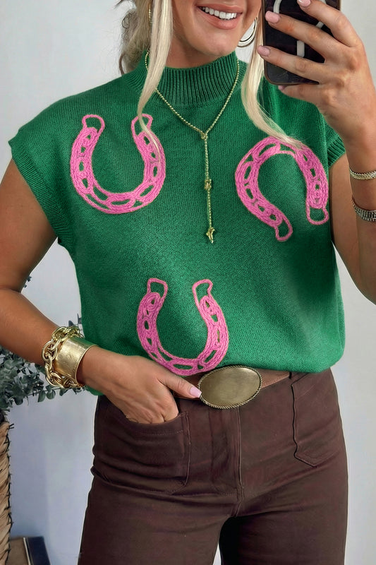 Bright Corded Horseshoes Ribbed Trim Mock Neck Short Sleeve Sweater