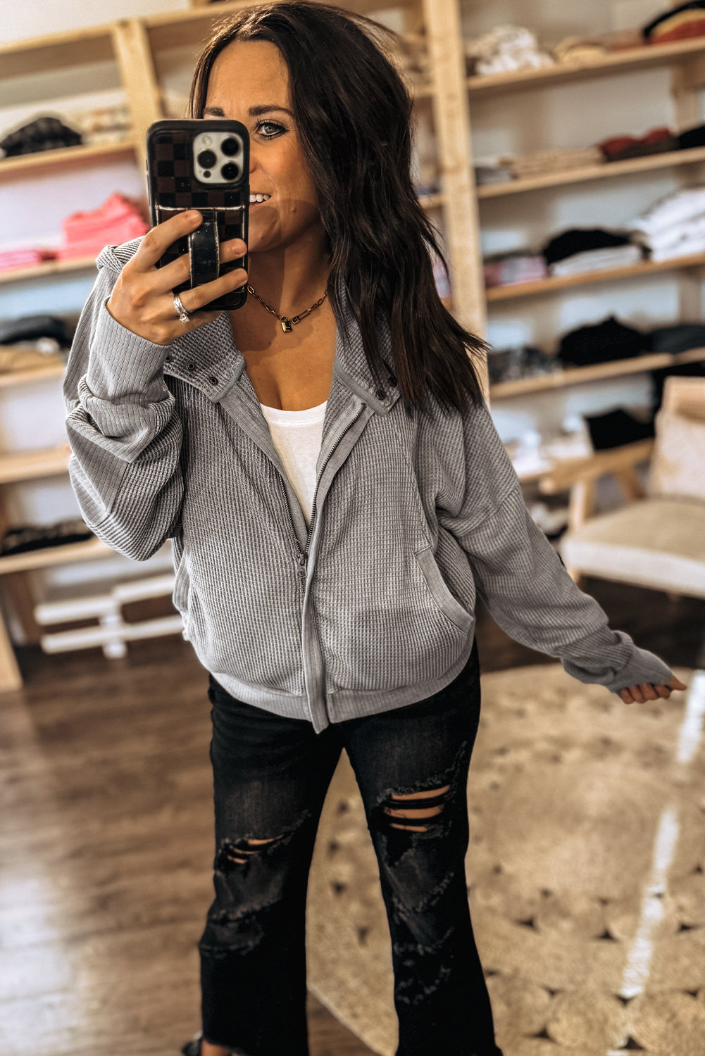 Gray Waffle Splicing Zip Up Front Button Hooded Jacket