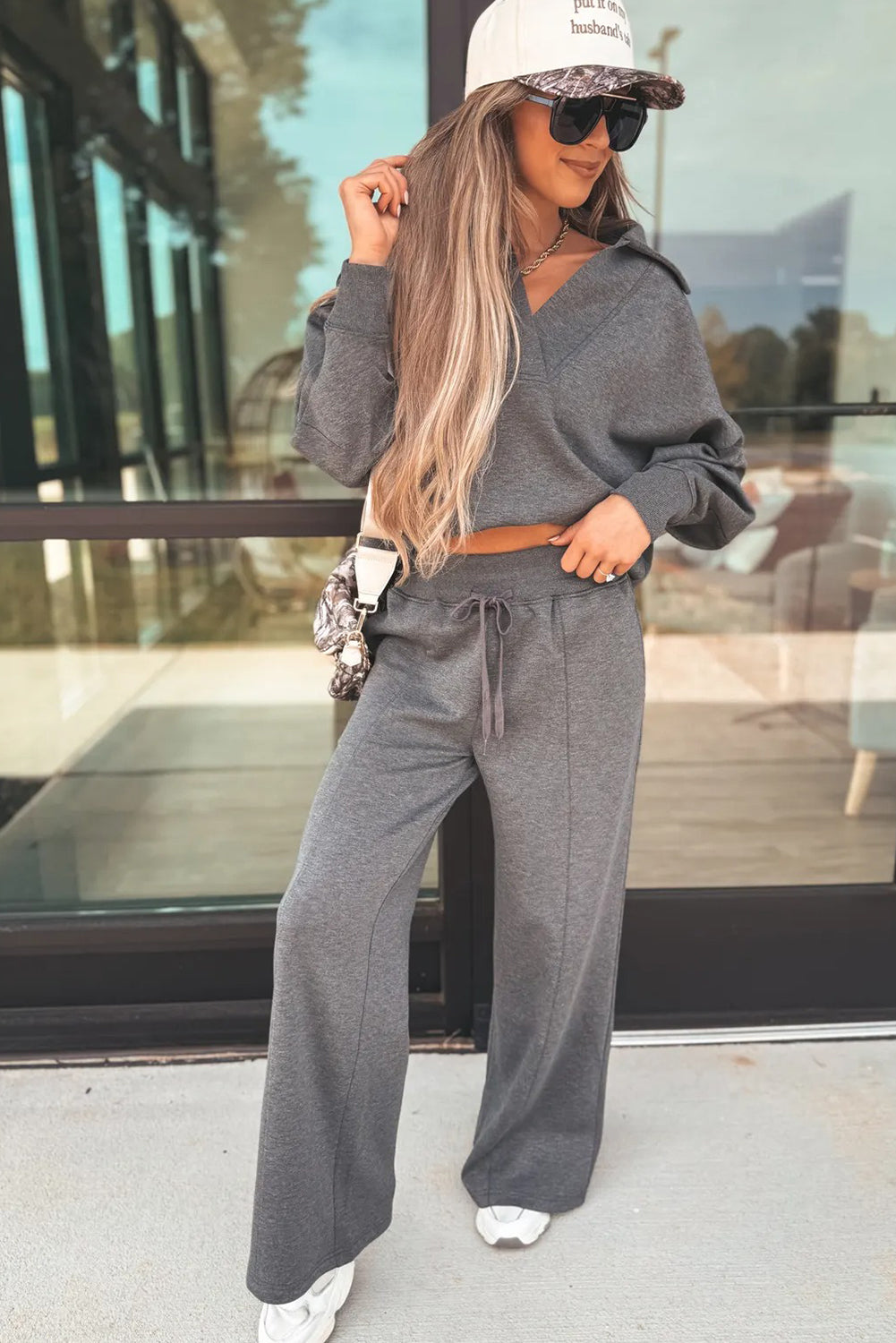 Bristol Black Collared V Neck Pullover Sweatshirt Sweatpants Set