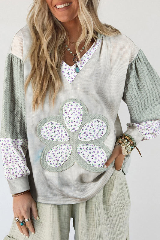 Green Floral Textured Colorblock Patchwork Lantern Sleeve Hooded Top
