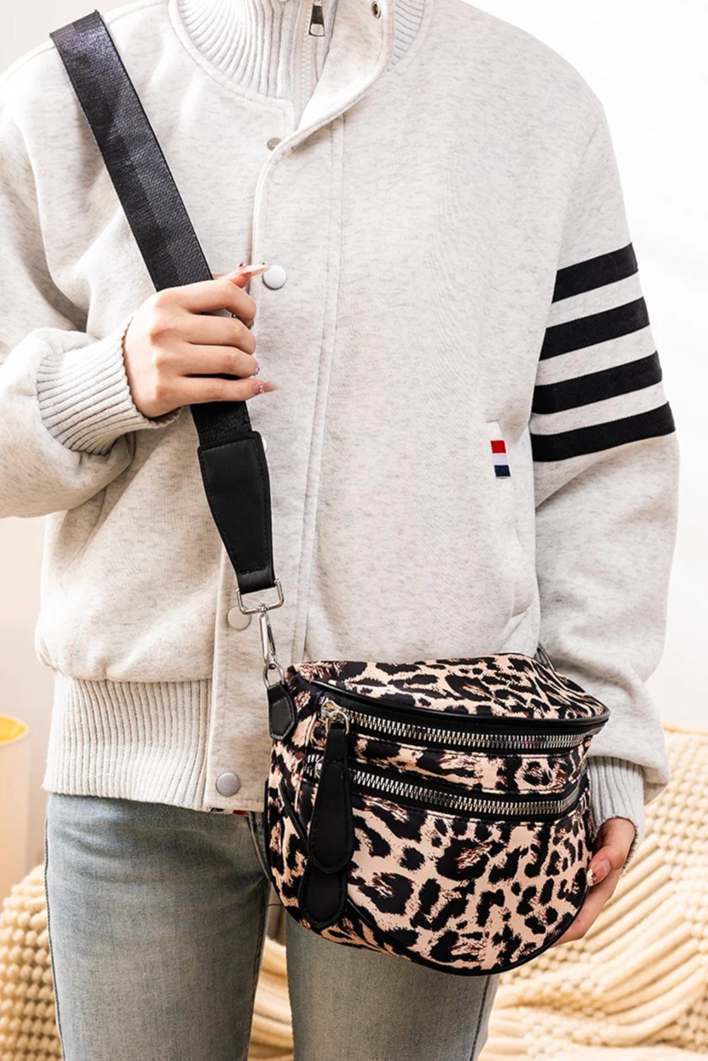 Coffee Leopard Print Double Zipper Crossbody Bag