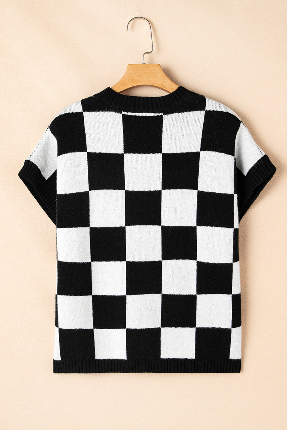 Light French Beige Checkered Knit Dolman Short Sleeve Sweater