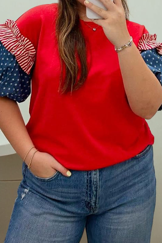Fiery Red Plus Size Striped Ruffles Star Short Bubble Sleeve Patchwork Top
