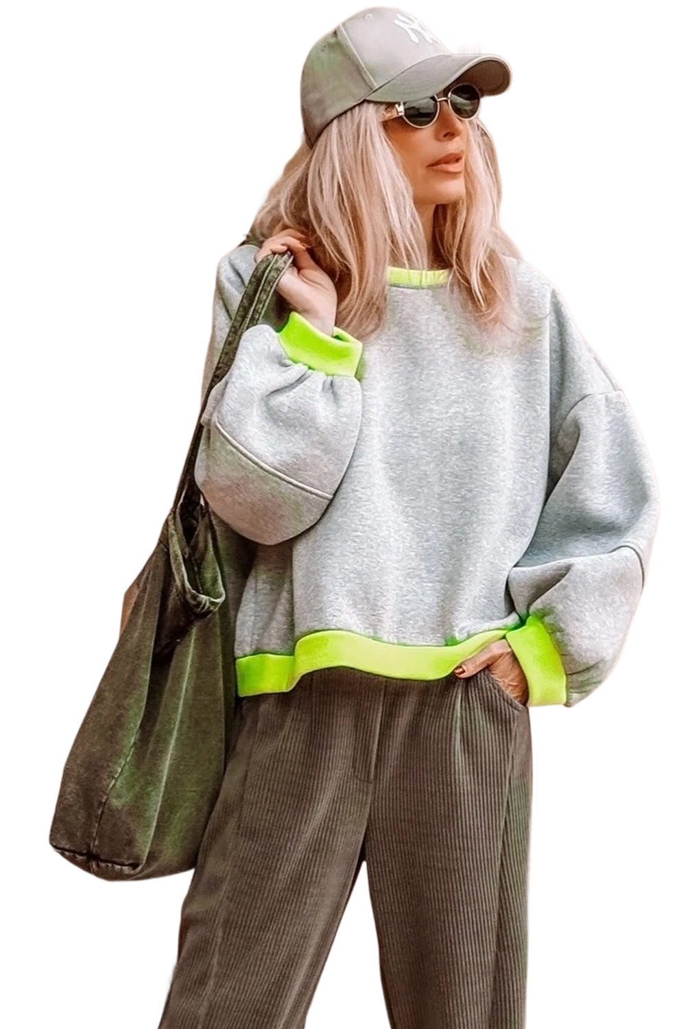 Light Grey Contrast Color Patchwork Drop Sleeve Loose Sweatshirt