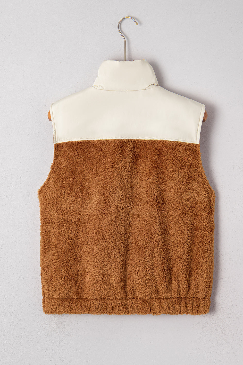 Chestnut Plush Patchwork Zipper Stand Neck Vest