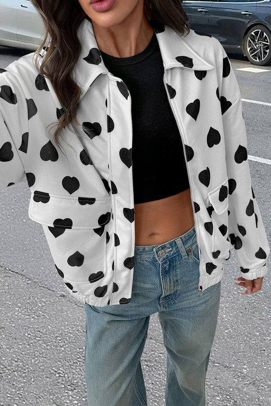 White Zipper Heart Print Collared Jacket