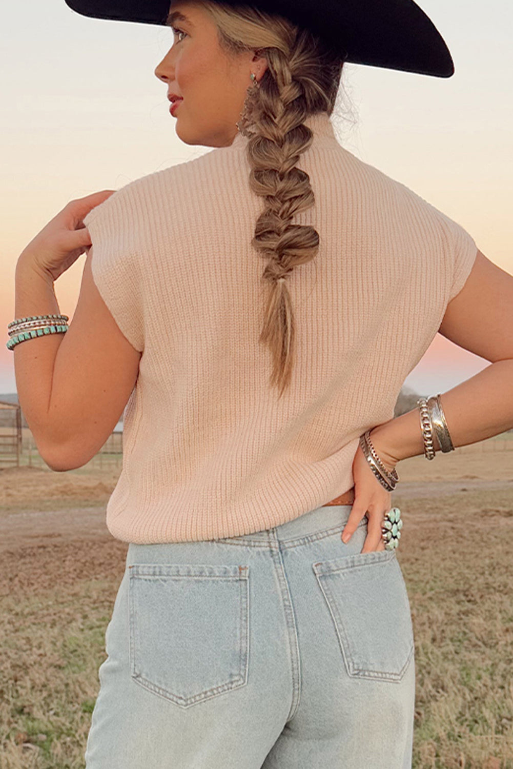 Oatmeal Cowboy Graphic High Neck Short Sleeve Knit Top
