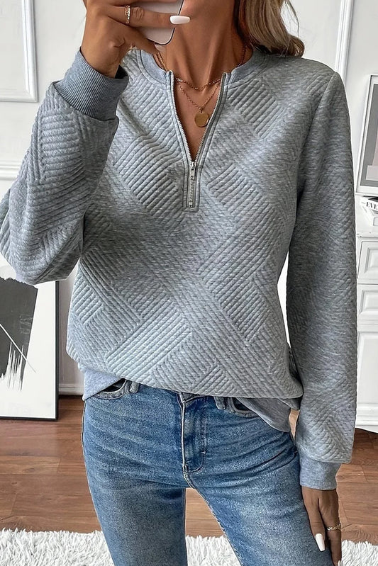 Medium Grey Solid Color Texture Zipper V Neck Sweatshirt