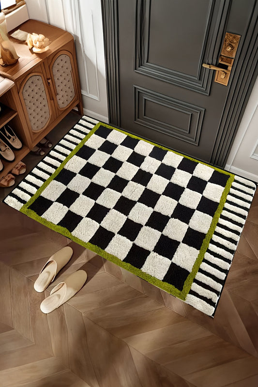 Spinach Green Checkered Striped Fluffy Colorblock Entrance Mat