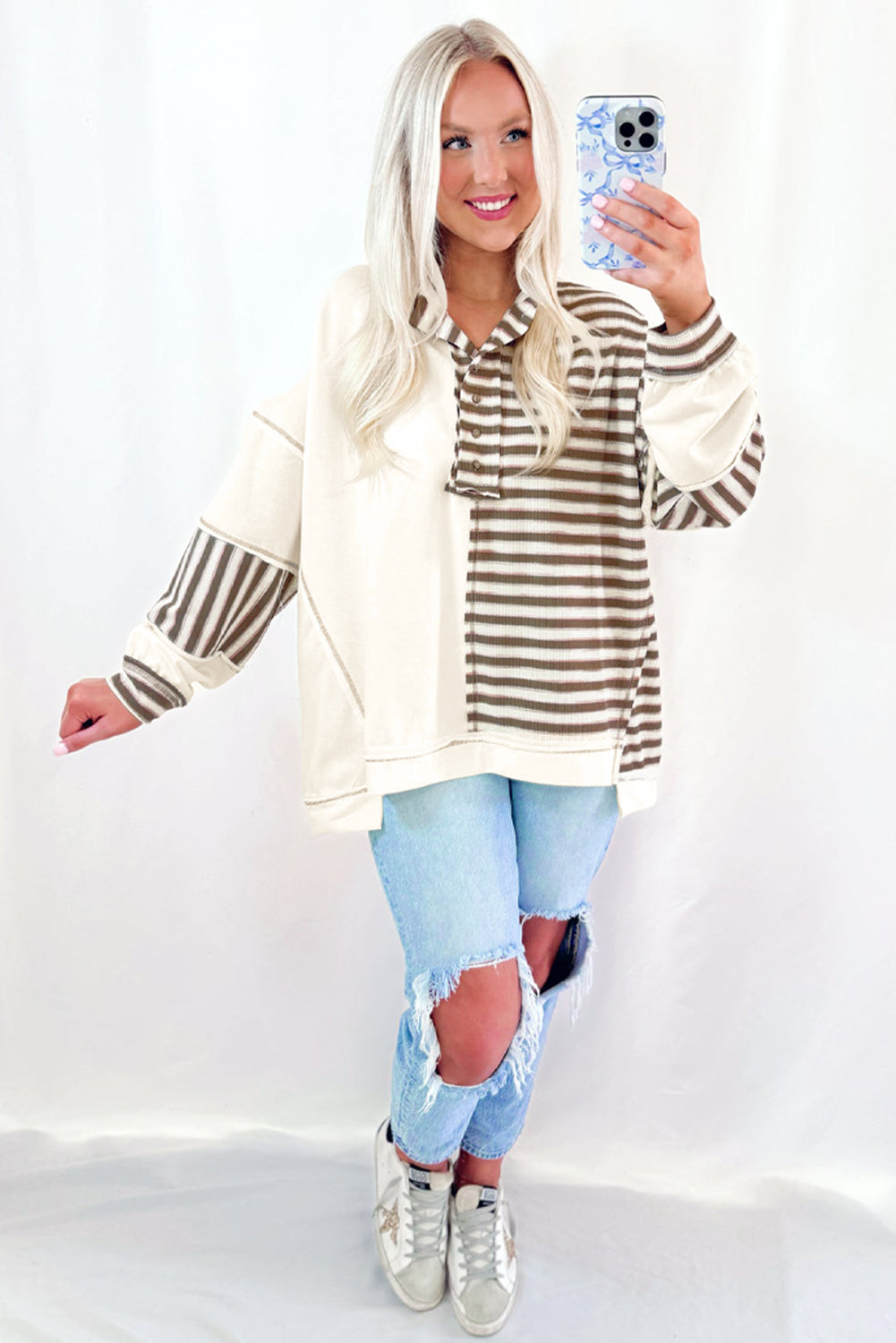 Khaki Striped Patchwork Oversized Pullover Top