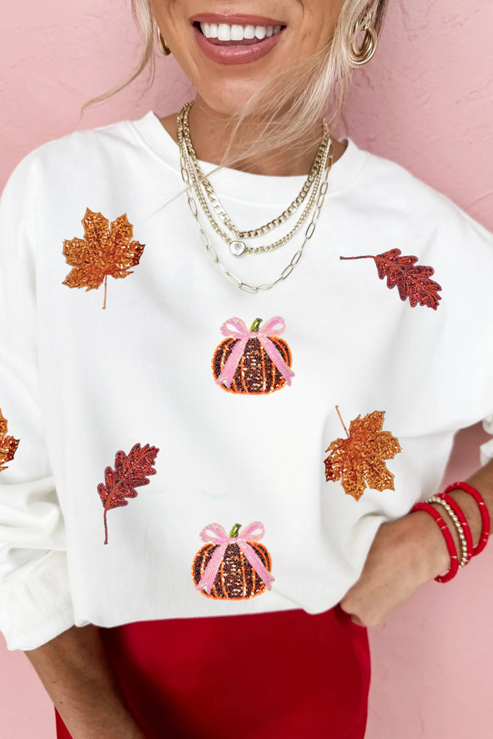White Fall Leaf Bow Pumpkin Sequin Patched Baggy Sweatshirt